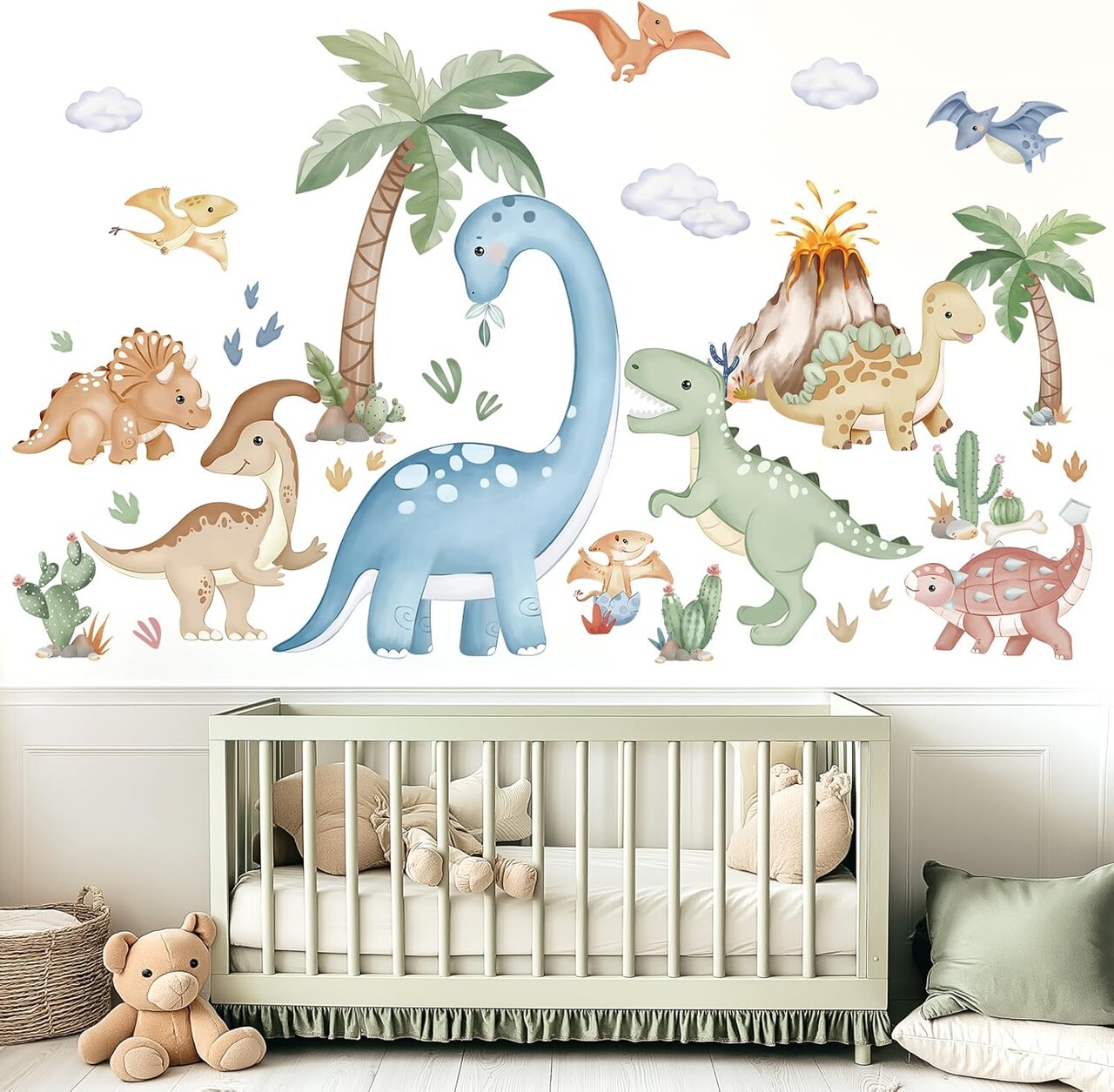 Large Boho Dinosaur Wall Stickers Watercolor Dino Tropical Plants Volcano Peel(Multi)